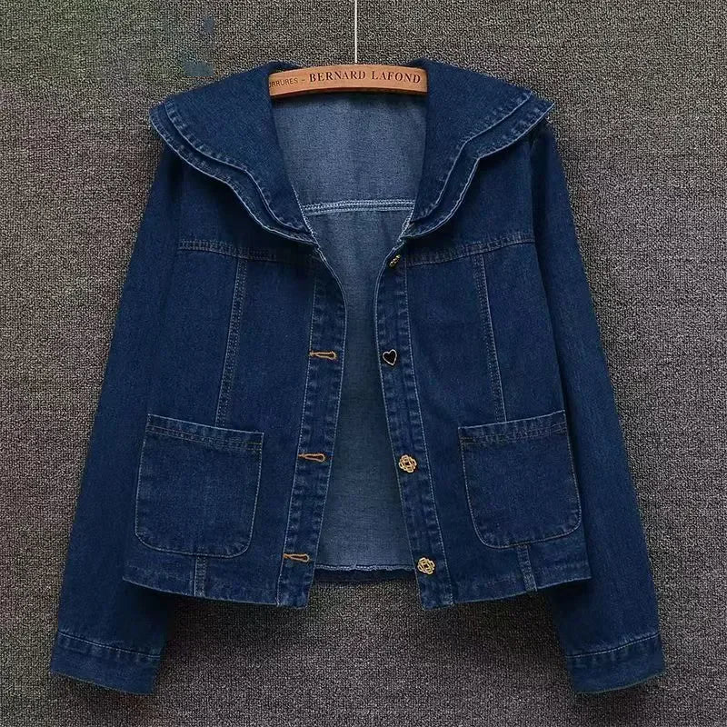 Voguable Spring Autumn New French Doll Collar Denim Jacket Women's Short Outwear Fashion Loose Korean Long Sleeve Jeans Jackets Tops voguable