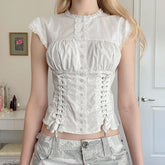 Voguable Bandage Design Single-breasted Shirt Coquette Aesthetic Sweet Drop Sleeves Tops Court Style Fairycore Blouse Cute Tanks voguable