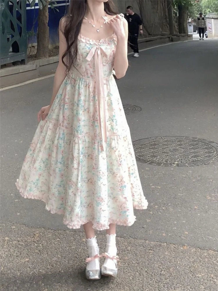 2024 Summer New Japanese Kawaii Y2k Midi Dress Women Casual Sweet Bow Splicing Flower Print Dress Korean Fashion Evening Party voguable