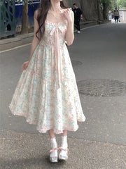 2024 Summer New Japanese Kawaii Y2k Midi Dress Women Casual Sweet Bow Splicing Flower Print Dress Korean Fashion Evening Party voguable