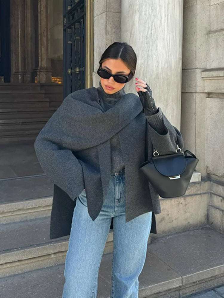 2024 New Fashion Scarf Collar Woolen Jackets For Women Elegant Long Sleeved Side Split Casual Coats Female Chic Autumn Overcoats voguable