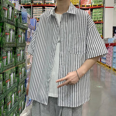 Japanese Style Simple Striped Short Sleeve Shirt For Men Summer Korean Trendy Loose Fit Casual Jacket voguable