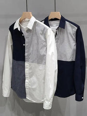 Voguable Stripe Contrasting Splicing Long Sleeved Shirt Men's Korean Version Simple Loose Casual Shirt Top Trend voguable