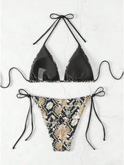 Voguable Fashion Sexy Leopard Laced Up Bikini Women Split Swimsuit Beach Vacation Bikini All Season Backless Bikini 2 Piece Set voguable