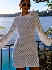Backless Long Sleeve Knit Mini Dress For Women Fashion Elegant Spring Summer See Through Beach Holiday Dress Beachwear voguable