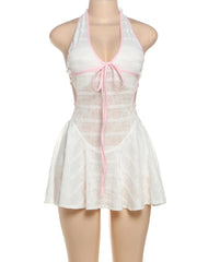 Classic Y2K Backless Dress Women Sexy See Through Summer Pink Shirring Sleeveless Stretch Chic Midnight Mini Bodycon voguable