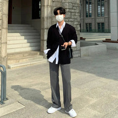 Black Gray Suit Pants Men Fashionable Social Mens Dress Pants Korean Loose Casual Straight Trousers Mens Office Formal Pants voguable