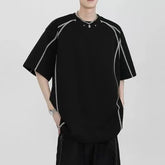 Voguable American High Street Line Patch Short Sleeve T Shirt Men Trendy Design Regular Shoulder Small voguable