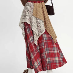 Autumn Winter Woolen Plaid Skirts Women Elastic High Waist Patchwork Irregular Waste Soil Wind Fashion Loose A-line Big Skirt voguable