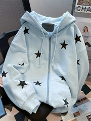 Stars Print Hoodies Women Vintage Streetwear Long Sleeve Loos Blue Sweatshirts Casual Pockets Lace Up American Fall Tops voguable