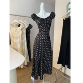 Voguable French Style Elegant Short Sleeve Dress Women Summer Waist Cinching Slimming Long Skirt Flounce Collar Polka Dot Dresses voguable