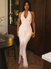 Halter V Neck Backless Sexy Maxi Dress Women Gown Fashion Sleeveless Draped Ruched Ruffle Club Party Long Dress Elegant voguable