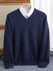 Men 100% Merino Wool Sweater V-Neck Pullover Autumn Winter Cashmere Warm Solid Knitwear Clothes Business Bottoming Soft Tops voguable