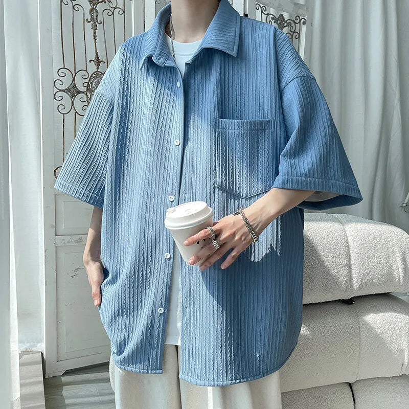 Summer Short Sleeved Shirt Men White Casual Shirt Men Streetwear Loose Pleated Shirt Mens Ice Silk Shirts Large Size 5XL voguable