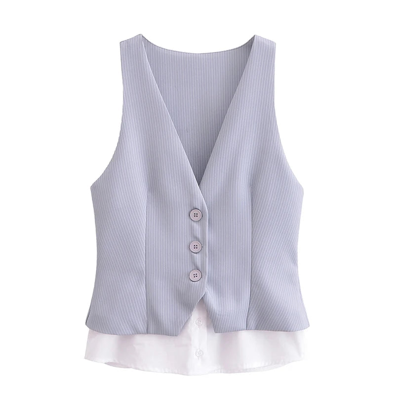 Women Patchwork Striped Temperament Vest Front Button V Neck Sleeveless Waistcoat Spring Summer Chic Tops voguable