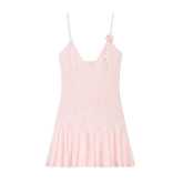 pink knit flower strap black V-neck dress short for women Pbong