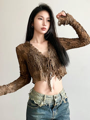 Voguable Brown Vintage Lace V-neck Tie-up Shirts for Women y2k Aesthetic Sweet Long Sleeve Crop Top Casual T Shirt Korean Style voguable