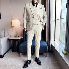 Voguable （Jacket+Vest+Pants）Classic Plaid Korean Slim-fit Men's High-end Banquet Dress Suit Fashion Men Formal Business Social Host Suit voguable