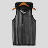 Men Tank Tops Striped Mesh See Through Sexy V Neck Sleeveless Male Vests Hooded Streetwear 2025 Fashion Men Clothing voguable