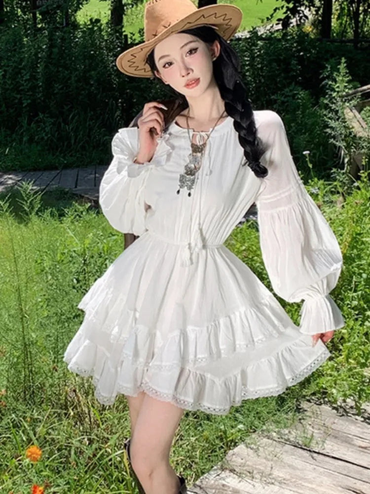 Woman Vintage Korean Short Dress Ruffles Asymmetrical Slim Waist White Long Sleeves Vestidos 2025 New Holiday Casual Dresses voguable