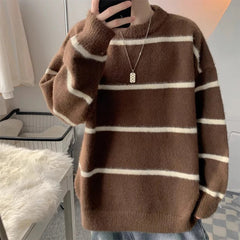 New Korean Trendy Men Sweater Light Luxury Knitted Drooping Stripe O Neck Long Sleeve Pullover Casual High Street Knitwear M-3XL voguable