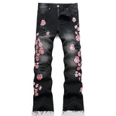 Voguable Men's high-street ripped jeans with floral embroidery patchwork, trendy street-style distressed flared jeans voguable