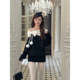 Voguable Vintage Red Bow Knitted Mini Dress Women Christmas Slash Neck Sweater Dresses Winter Korean Sexy Long Sleeve Bodycon Vestidos voguable