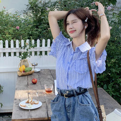 Korean Ruffles Short Sleeve Plaid Shirt Women Preppy Sweet Turn Down Collar Blouse female Summer chic Pocket Button blouse voguable