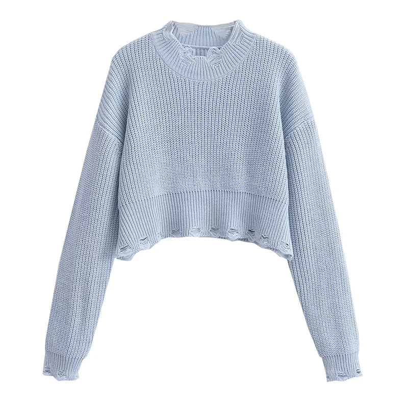 Voguable New Autumn Women Vintage Lazy Hole Crop Knit Sweater Oversize Pullover Chic Top voguable