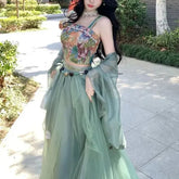 Voguable Vintage Strap Floral Vest Two-Piece Women's Improved Hanfu New Summer Suit Fashion Chic Y2K Sliming Sweet Suits Skirt voguable