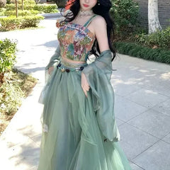 Voguable Vintage Strap Floral Vest Two-Piece Women's Improved Hanfu New Summer Suit Fashion Chic Y2K Sliming Sweet Suits Skirt voguable
