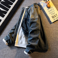 Spring Autumn Old Blue Loose Large Pocket Stand Collar Denim Jacket Men's Retro American High Street Zipper Jacket Top Urban voguable