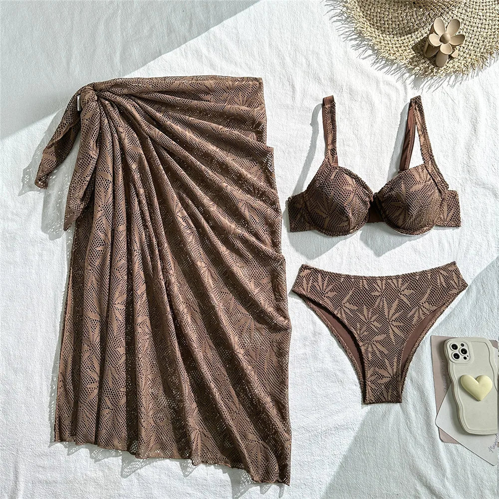 Voguable Dark Brown Hollow Lace Swimwear Cover Ups Push Up Bikinis Sets 3 Pieces Sexy Swimsuit Women Bathing Suit Beachwear Bikini voguable