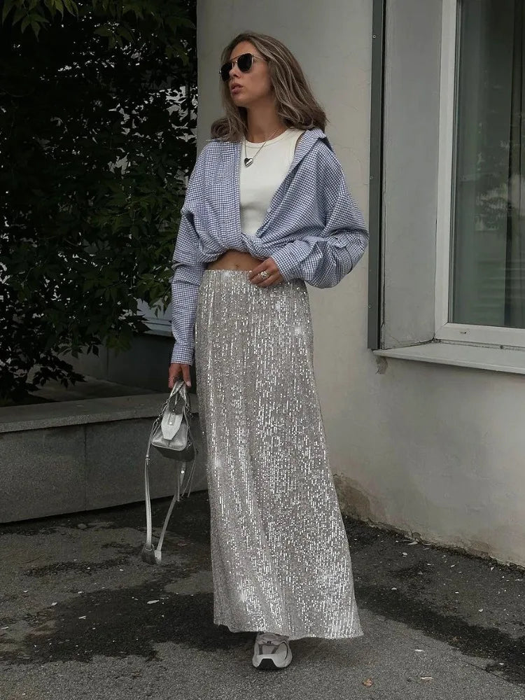 Silver Sequins Long Skirt For Women Summer High Wasit Slim Skirts Femme Sexy Crop Tops Party Flash Faldas Ajustadas Woman voguable