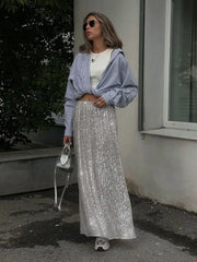 Silver Sequins Long Skirt For Women Summer High Wasit Slim Skirts Femme Sexy Crop Tops Party Flash Faldas Ajustadas Woman voguable