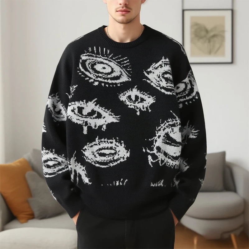 New American Trendy Men Sweater High Street Dark Eyes Printed Knit O Neck Long Sleeve Pullover Casual Loose High Street Knitwear voguable