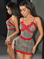 Red Lace Patchwork Dress Women Leopard Print Sexy Backless Sleeveless Summer Trend Midnight Stretch Clubwear Bodycon voguable