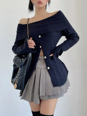 Voguable Sexy Women Off Shoulder Knit Slash Collar Sweater Open Buttons Front Slit Slim Knitwear Full Sleeve Jumper Knitwear Tops White voguable