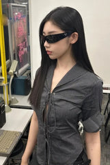 HOUZHOU Vintage Sexy Coquette Blouses Women Korean Style Punk Streetwear Striped Print Bandage Hollow Out Slim Shirts 2024 Y2k voguable