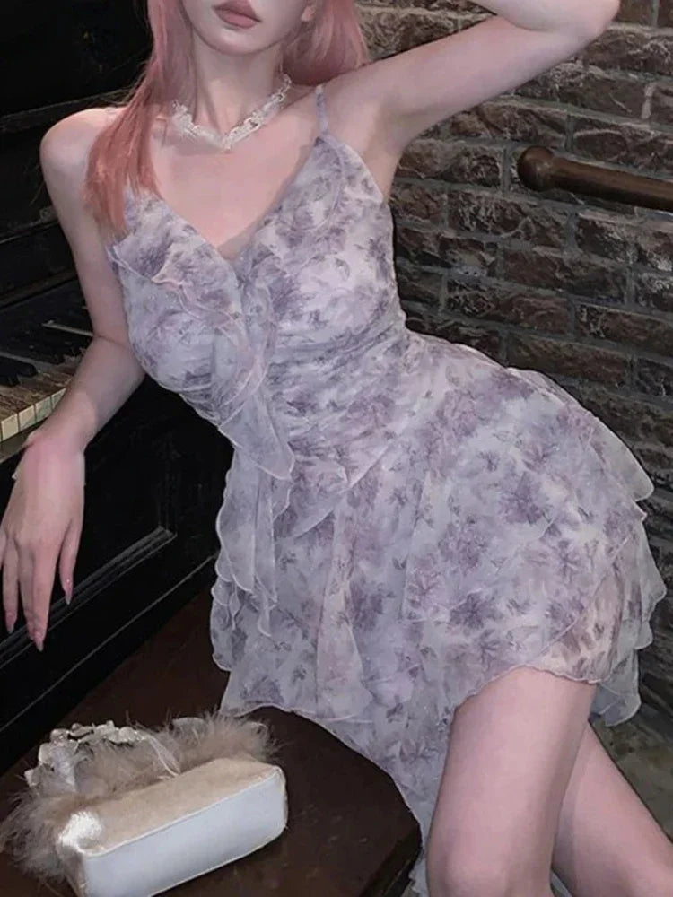 Voguable Vintage Sweet Party Mini Dress Women Ruffles YK2 Floral Print Korean Fashion Designer Sexy Strap Dress Summer New Female voguable