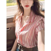 Voguable French Elegance Pink Striped Collar Short Sleeve Blouse Women's Summer Chic Loose voguable