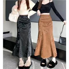 Irregular Pleated Skirt with Sweater in Autumn Winter New Chinese Women's Clothing Chinese Style Jacquard Fishtail Long Skirt voguable