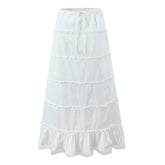 Women Lace Spliced Drawstring Waist White Long Skirt Summer Lady Ruffle Hem A-line Holiday Maxi Skirt Cotton