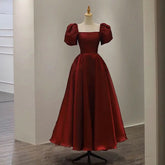 Voguable Puff sleeve Prom Dresses Square Collar A-Line Evening Dress Satin Woman Party Dresses with Short Sleeves Customized New voguable