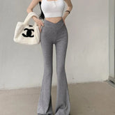 Voguable American Korean Knitted Bell-bottom Pants Women Autumn High Waist Straight Wide-leg Slim Slightly Flare Casual Floor Trousers voguable