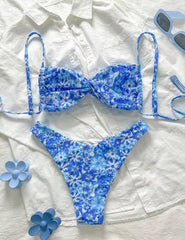 Voguable Strappy Thong Bikini Women Printed Floral Swimwear Female Sexy Swimsuit Bathers Bathing Swimming Swim Suit Beachwear voguable