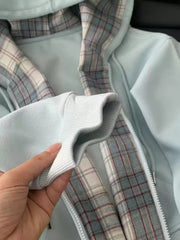 Plaid Patchwork Blue Hoodies Women Sweet Preppy Style Long Sleeve Cute Sweatshirts Loose Casual Vintage Female Korean Tops New voguable