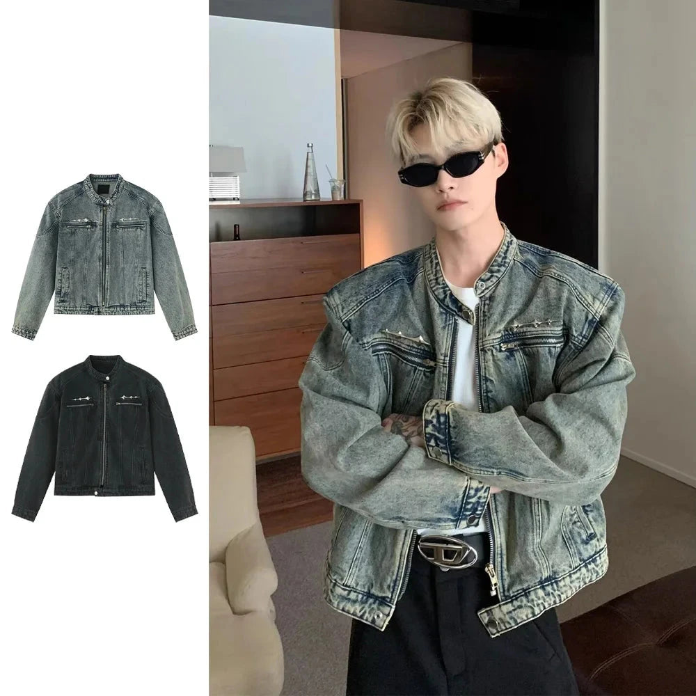 Men's Denim Jackets American-style High Street Zippers Coat Vintage Washed Distressed Cowboy Jacket Spring Casual Streetwear New voguable