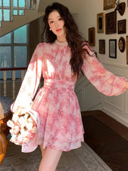 Women's New Elegan Print t Dresse Fashion A-Line O-Neck Lantern Sleeve Slim Waist Short Vestidos FrenchCasual Holiday Summer voguable