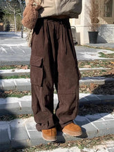 Vintage Corduroy Women Cargo Pants Y2K Autumn High Waist Pockets Casual Pants Bf Korean Streetwear All Match Wide Leg Pants New voguable